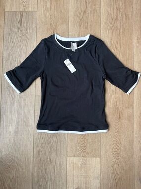 Anthropologie Maeve Black Short-Sleeve Crewneck Top with White Trim